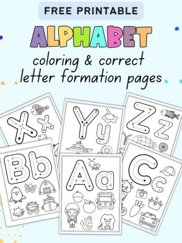 text "free printable alphabet coloring and correct letter formation pages" with a preview of six alphabet coloring sheets