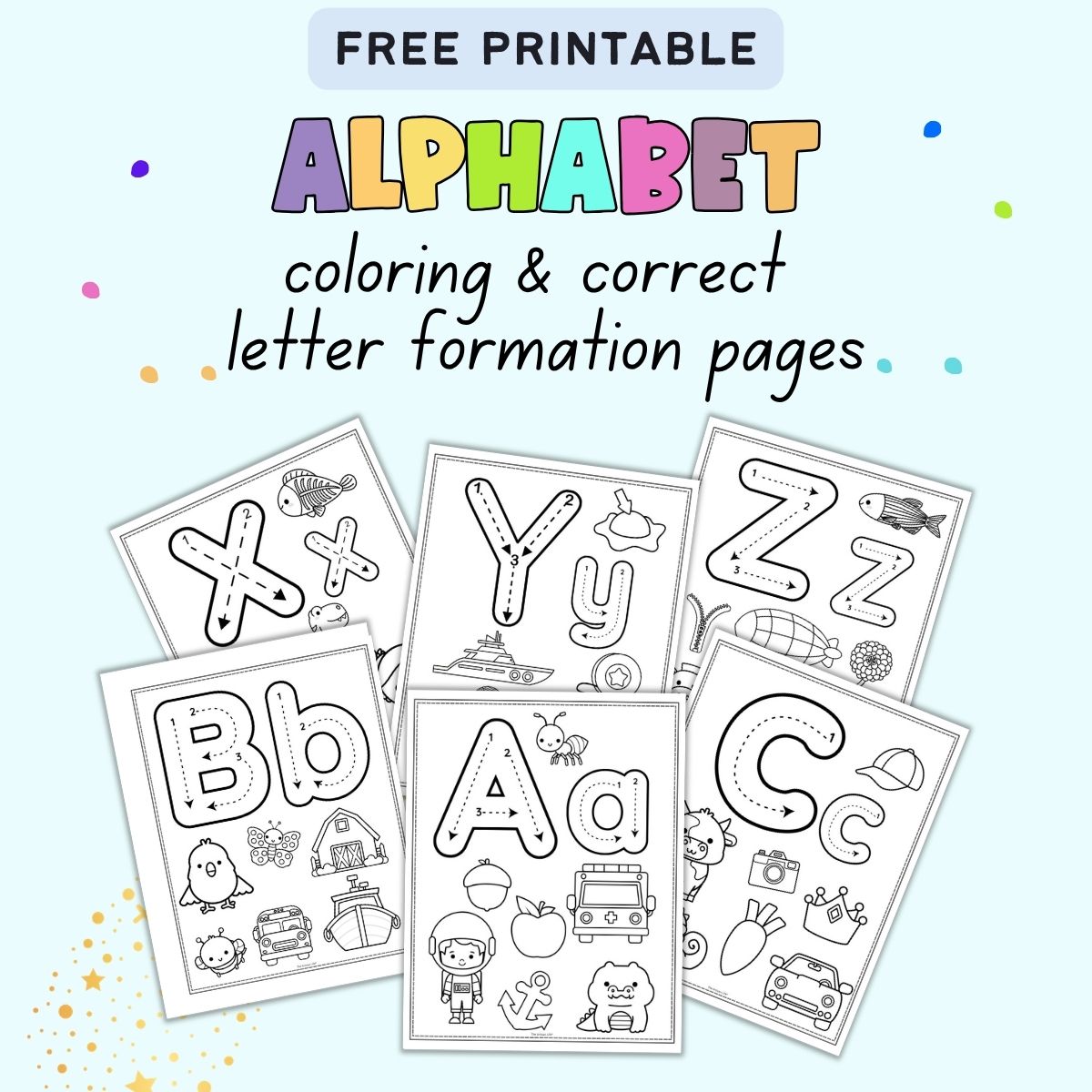 text "free printable alphabet coloring and correct letter formation pages" with a preview of six alphabet coloring sheets