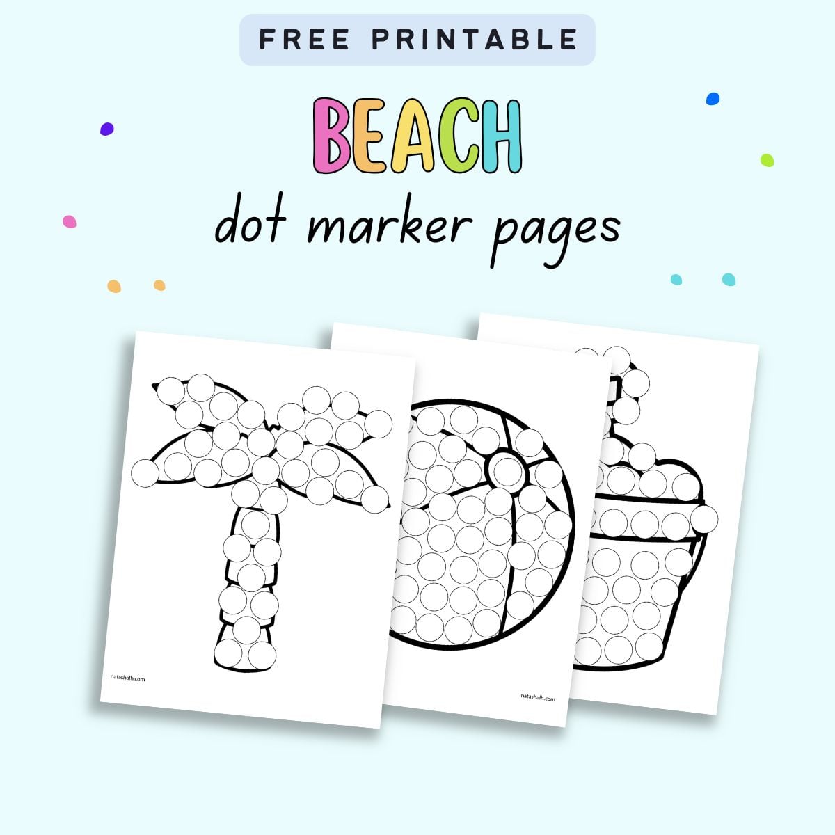 text "free printables beach dot marker coloring pages" with a preview of three dauber dot coloring sheets