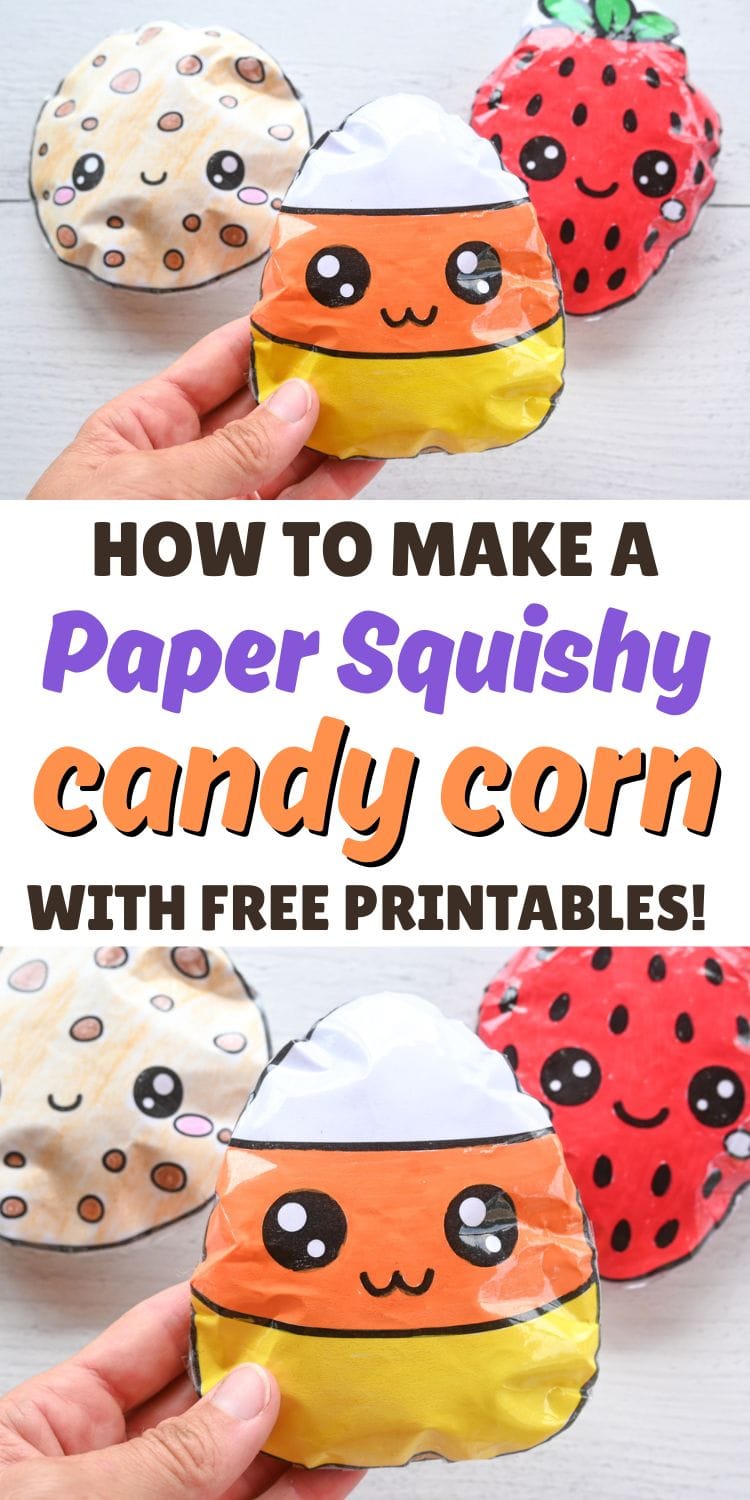 text "how to make a paper squishy candy corn with free printables!" and pictures of a diy paper squishy candy corn
