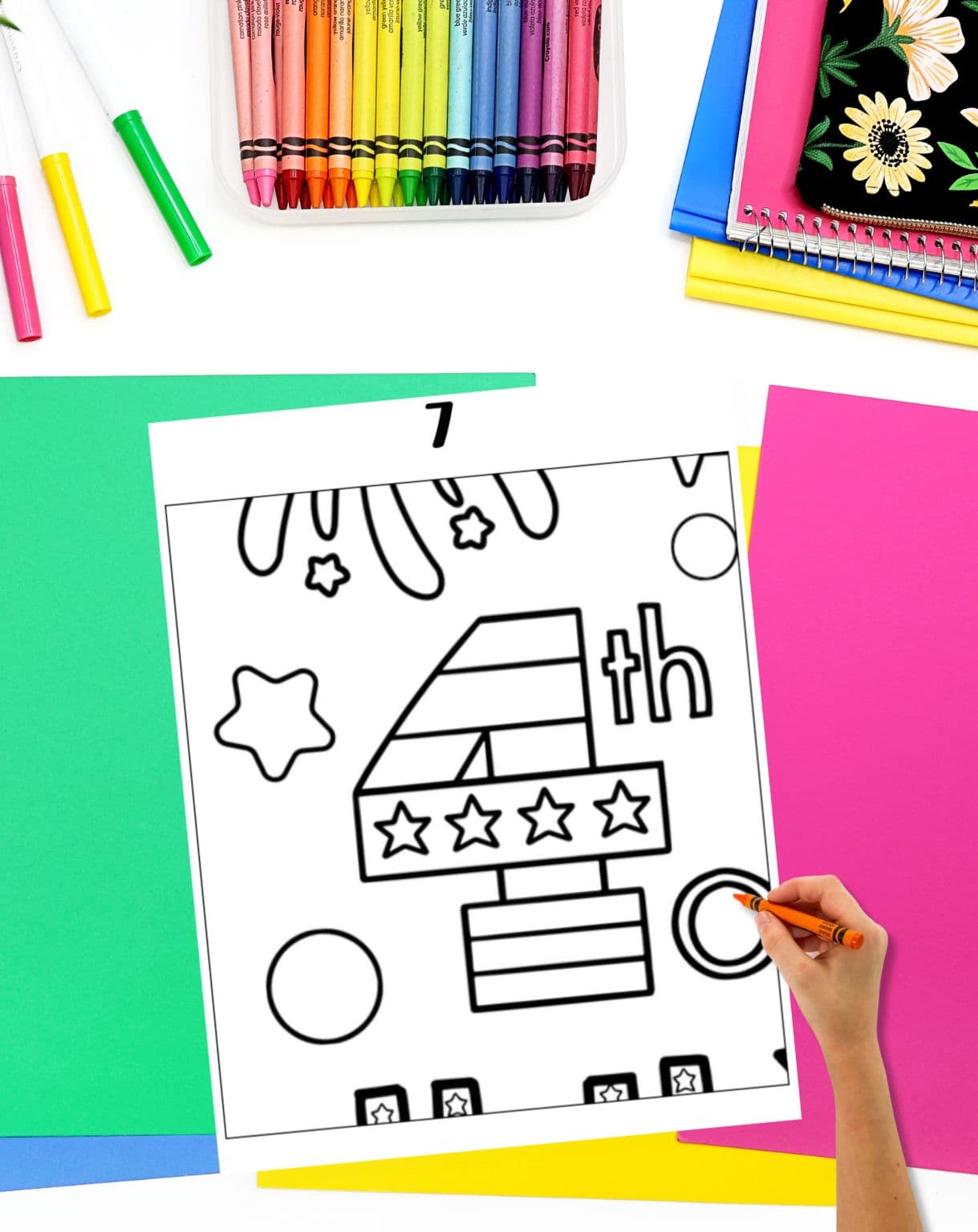 a hand coloring page 7 from a set of Fourth of July collaborative poster sheets