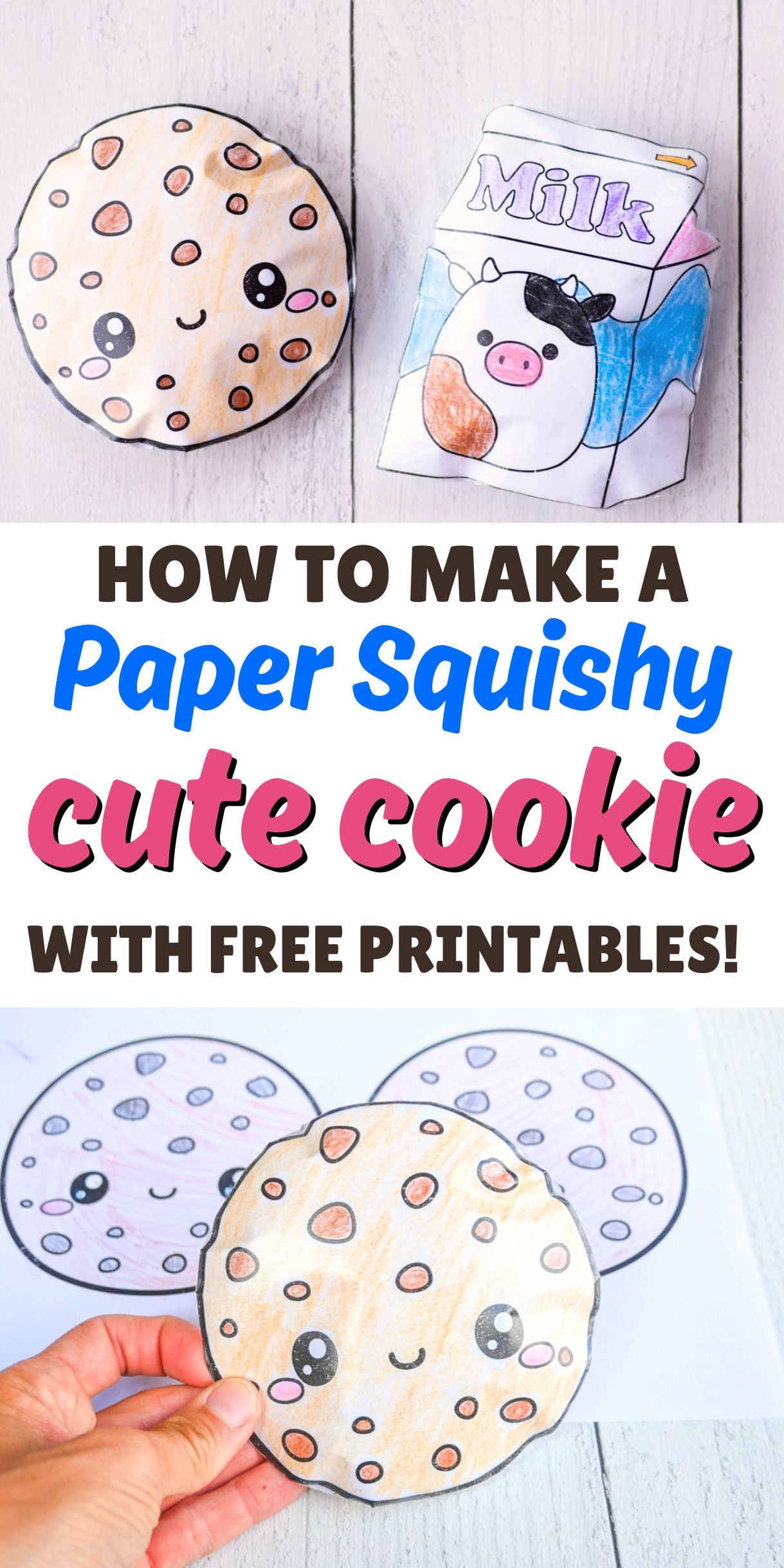 text "how to make a paper squishy cookie cookie with free printables!" and two photos of a homemade chocolate chip cookie squishy shown with a cute milk carton