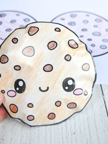 a hand holding a homemade paper squishy chocolate chip cookie