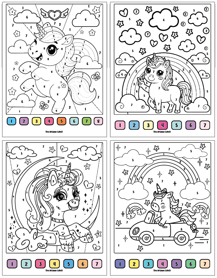 four unicorn color by number pages with numbers 1-8