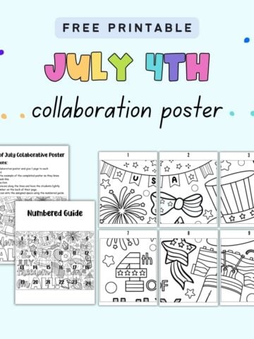 text "free printable July 4th collaboration poster" with a preview of sheets from an Independence Day collaborative poster
