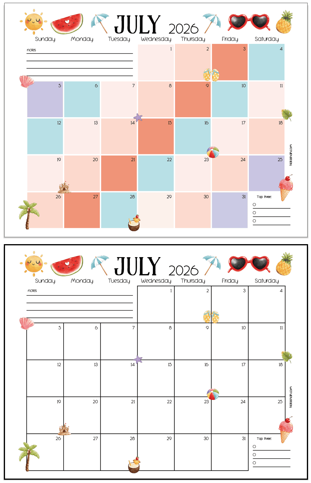two July 2026 calendar pages