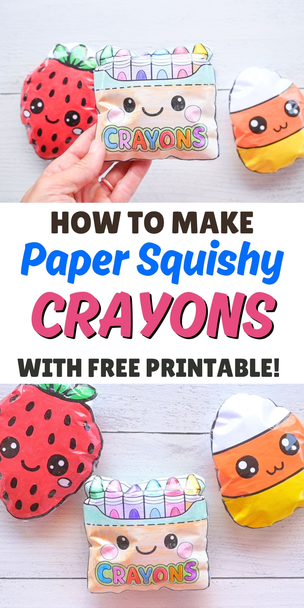 text "how to make paper squishy crayons with a free printable" and photos of DIY paper squishy crafts