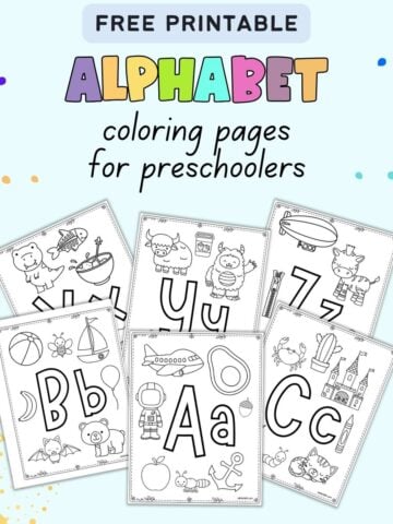 text "free printable alphabet coloring pages or preschoolers" with six alphabet coloring sheets