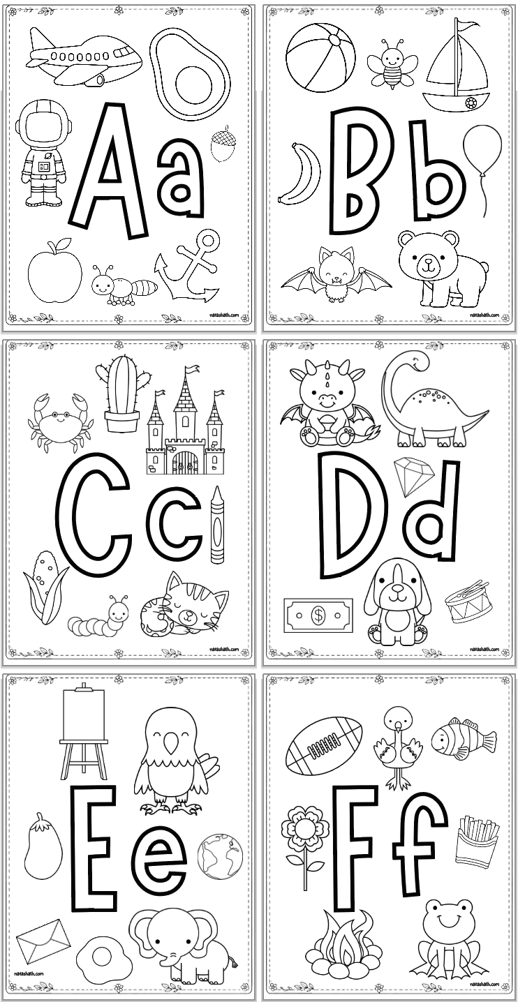 preschool alphabet coloring pages with beginning letter sounds and letters to color. letters include a-f