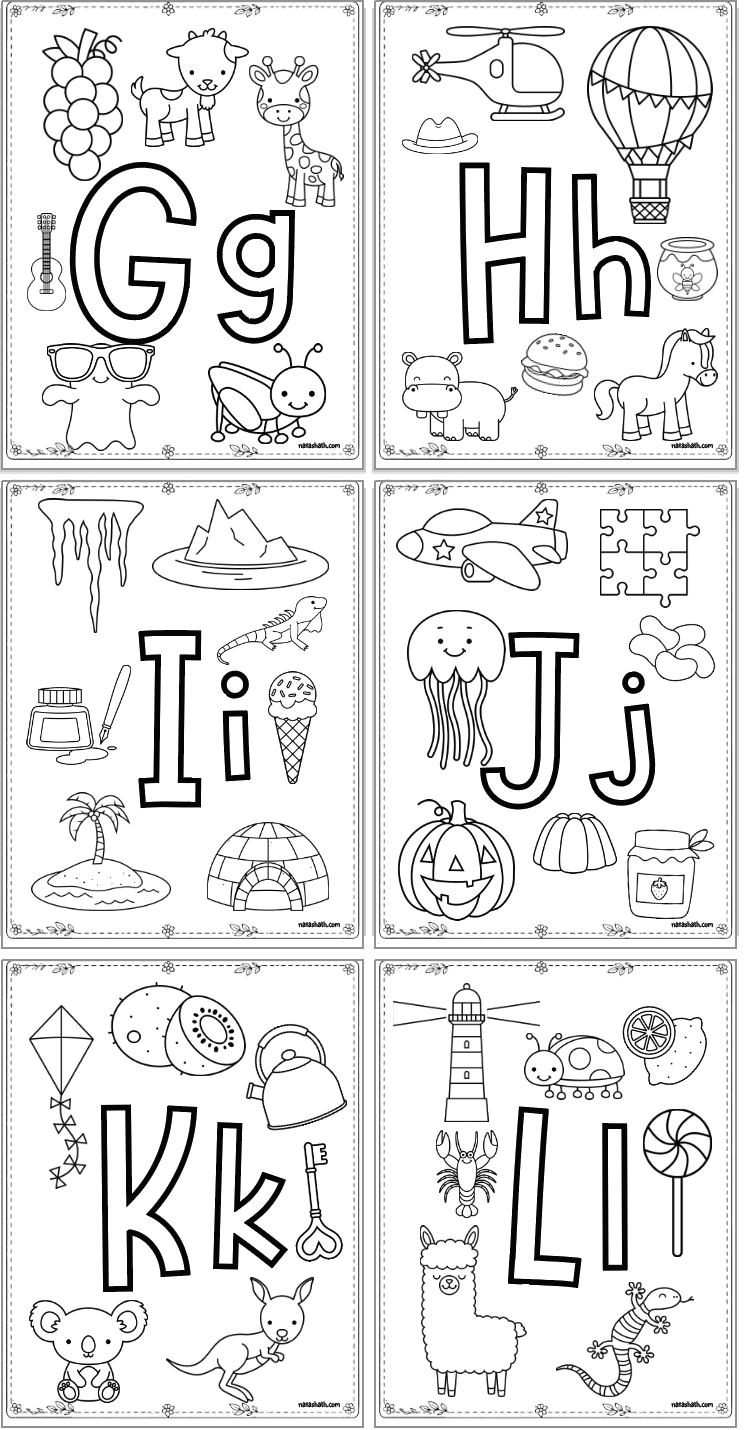 preschool alphabet coloring pages with beginning letter sounds and letters to color. letters include g - L