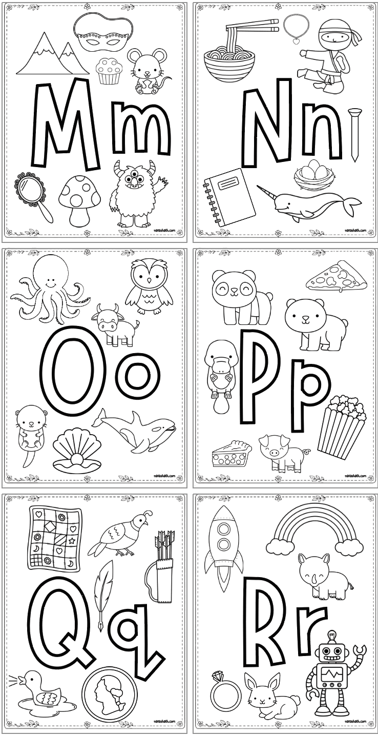 preschool alphabet coloring pages with beginning letter sounds and letters to color. letters include m-r