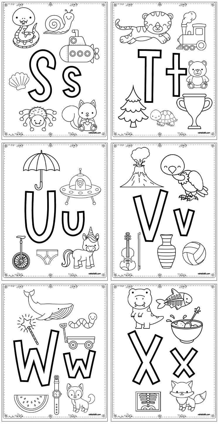 preschool alphabet coloring pages with beginning letter sounds and letters to color. letters include s - x