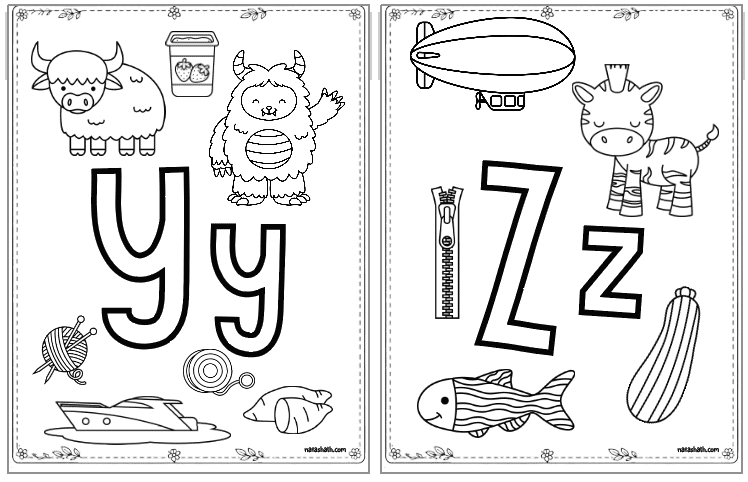 preschool alphabet coloring pages with beginning letter sounds and letters to color. letters include yz