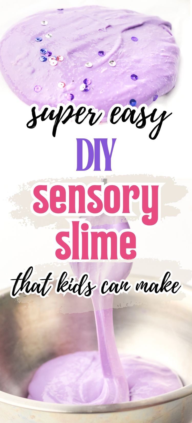 text "diy sensory slime that kids can make" with photos of purple slime