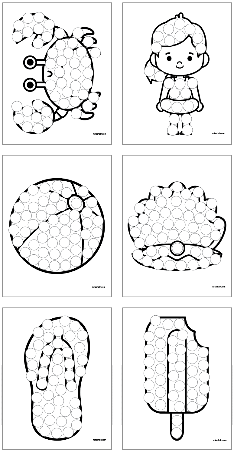 six beach themed dot marker coloring pages including a crab, a girl with a floaty, a beach ball, an oyster, a sandal, and a popsicle