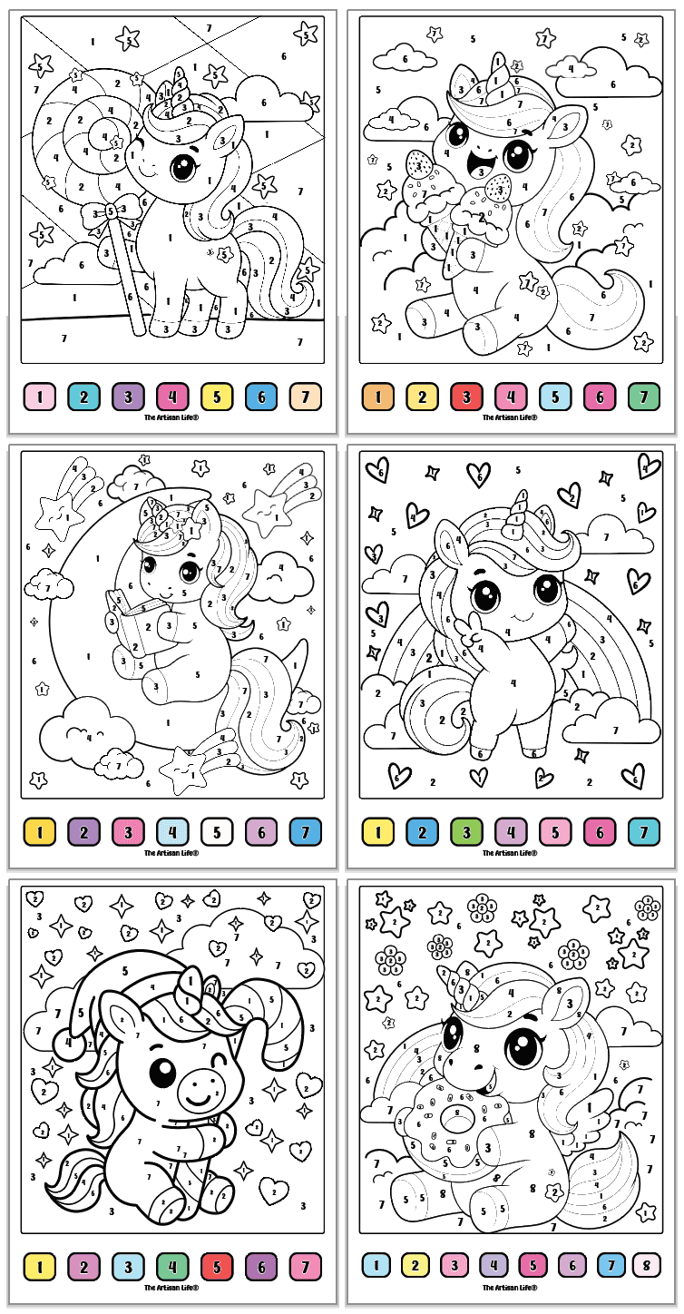 six unicorn color by number pages with cute unicorns and a visual key with numbers 1-8