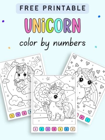 text "free printable unicorn color by numbers" with a prevue of three unicorn color by code sheets featuring a visual key