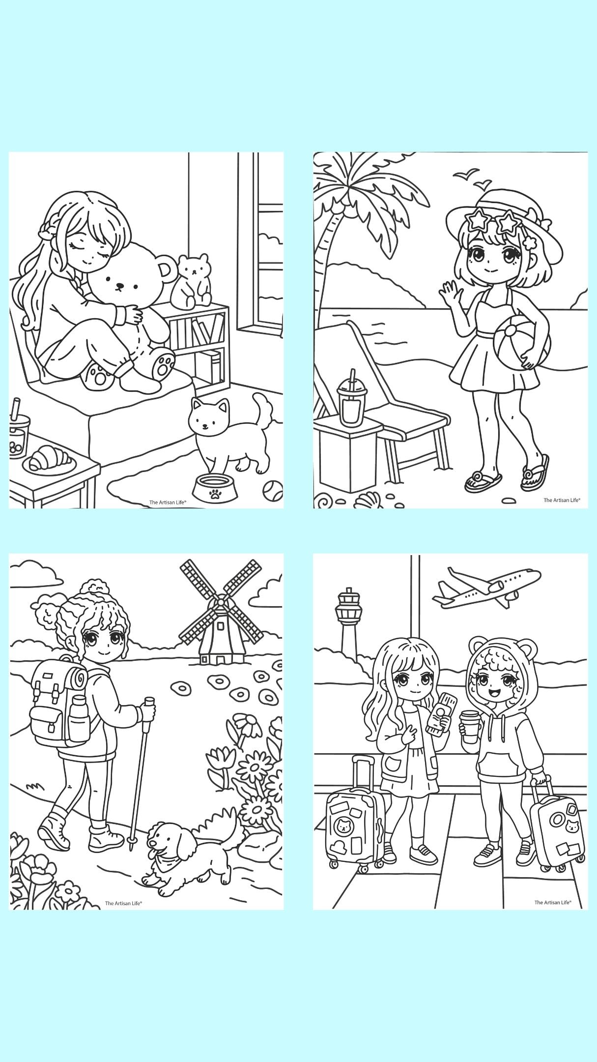 four chibi girl coloring pages showing a girl hugging a teddy bear, a girl at the beach, a girl hiking in Holland, and two girls in an airport