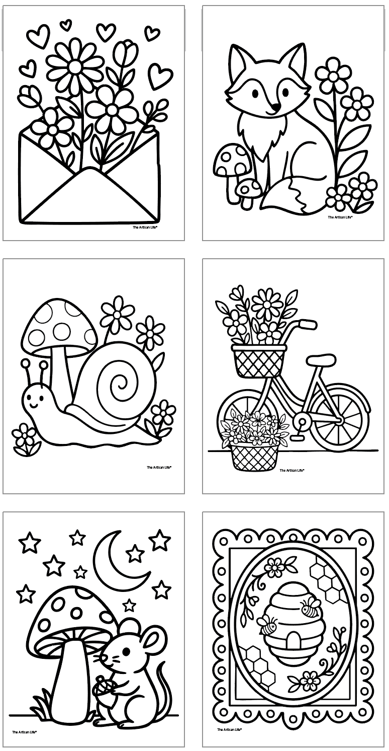 six cottagecore coloring pages including a snail, a bike with flowers, a mushroom with a mouse, a beehive, an envelope with flowers, and a fox