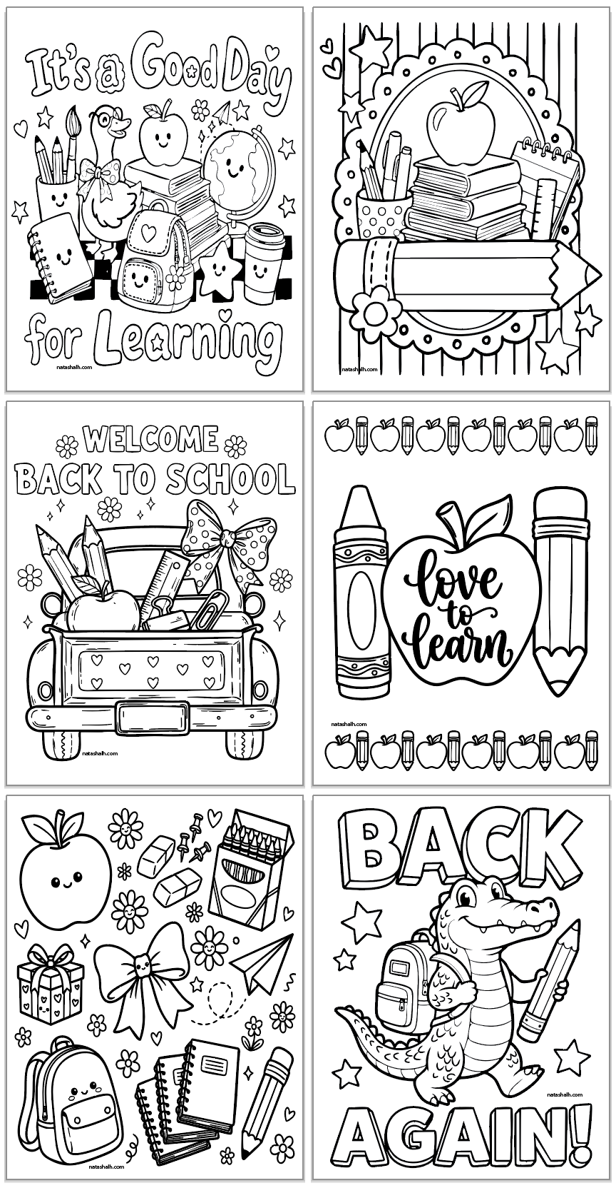 six back to school coloring sheets for kids with apples, school supplies, and phrases like "welcome back to school" and "back again"