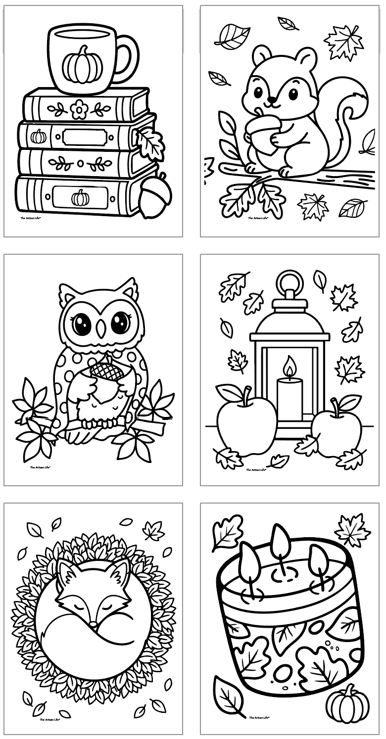 six fall coloring pages including an owl, a candle lantern, a fox, a candle, a squirrel, and a stack of books
