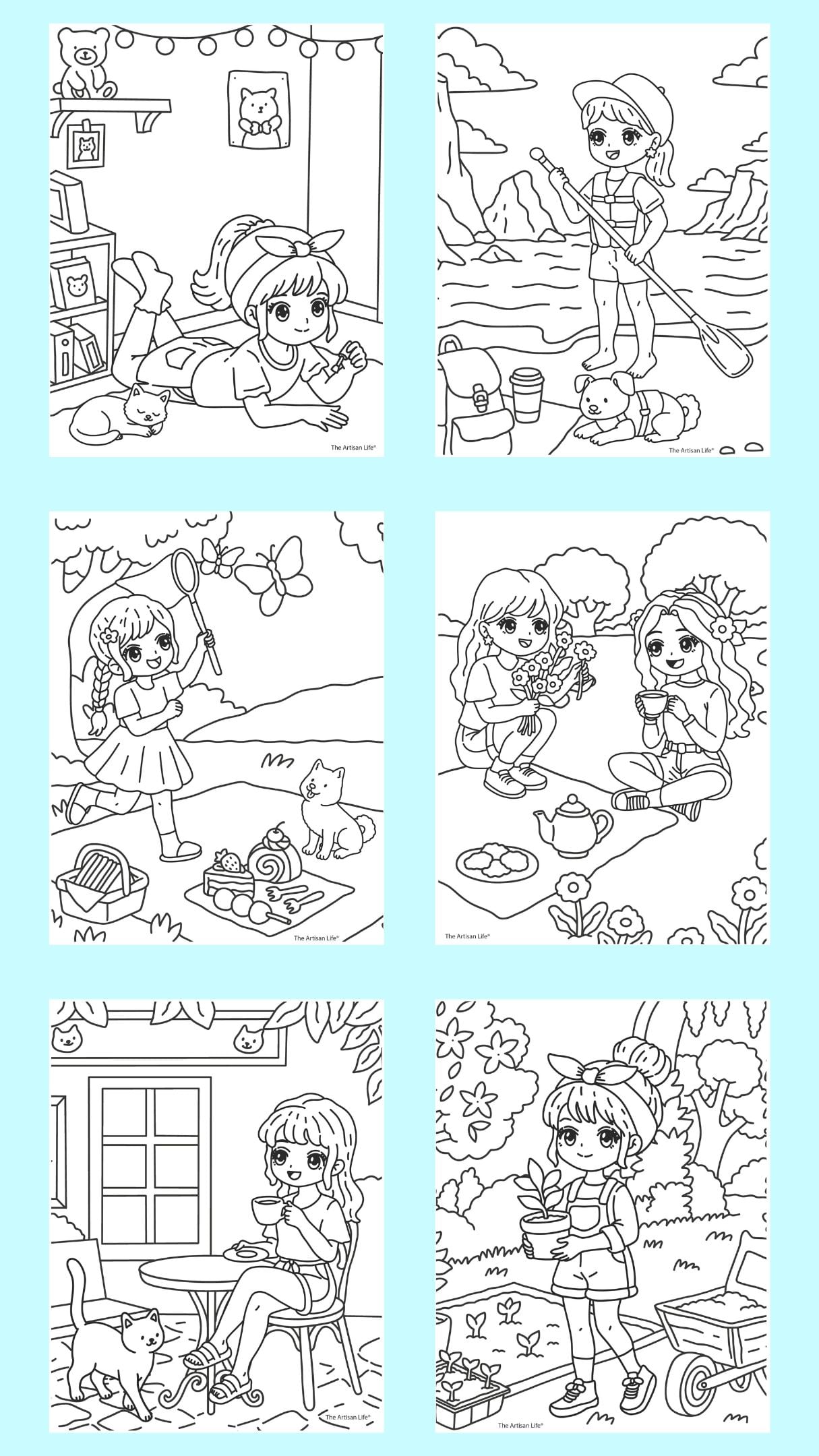 six cute girls coloring pages in the cozy/fuggy huge style showing chibi girls on the beach, having a picnic, enjoying tea, and relaxing at home