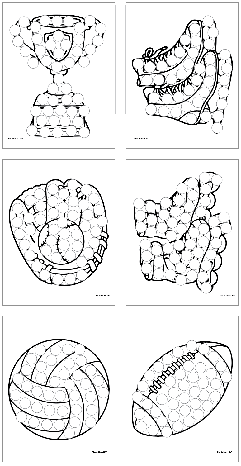 six sports themed do a dot marker coloring pages including football, volleyball, skating, and a trophy
