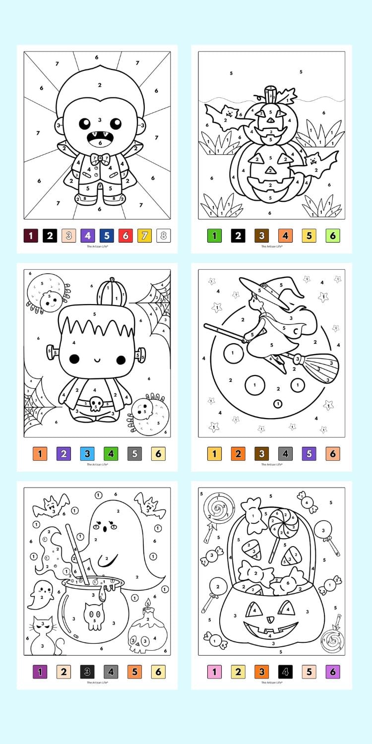 six halloween color by number pages with a color coded key