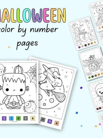 text "halloween color by number pages" with preview of 9 halloween color by number sheets with a visual key