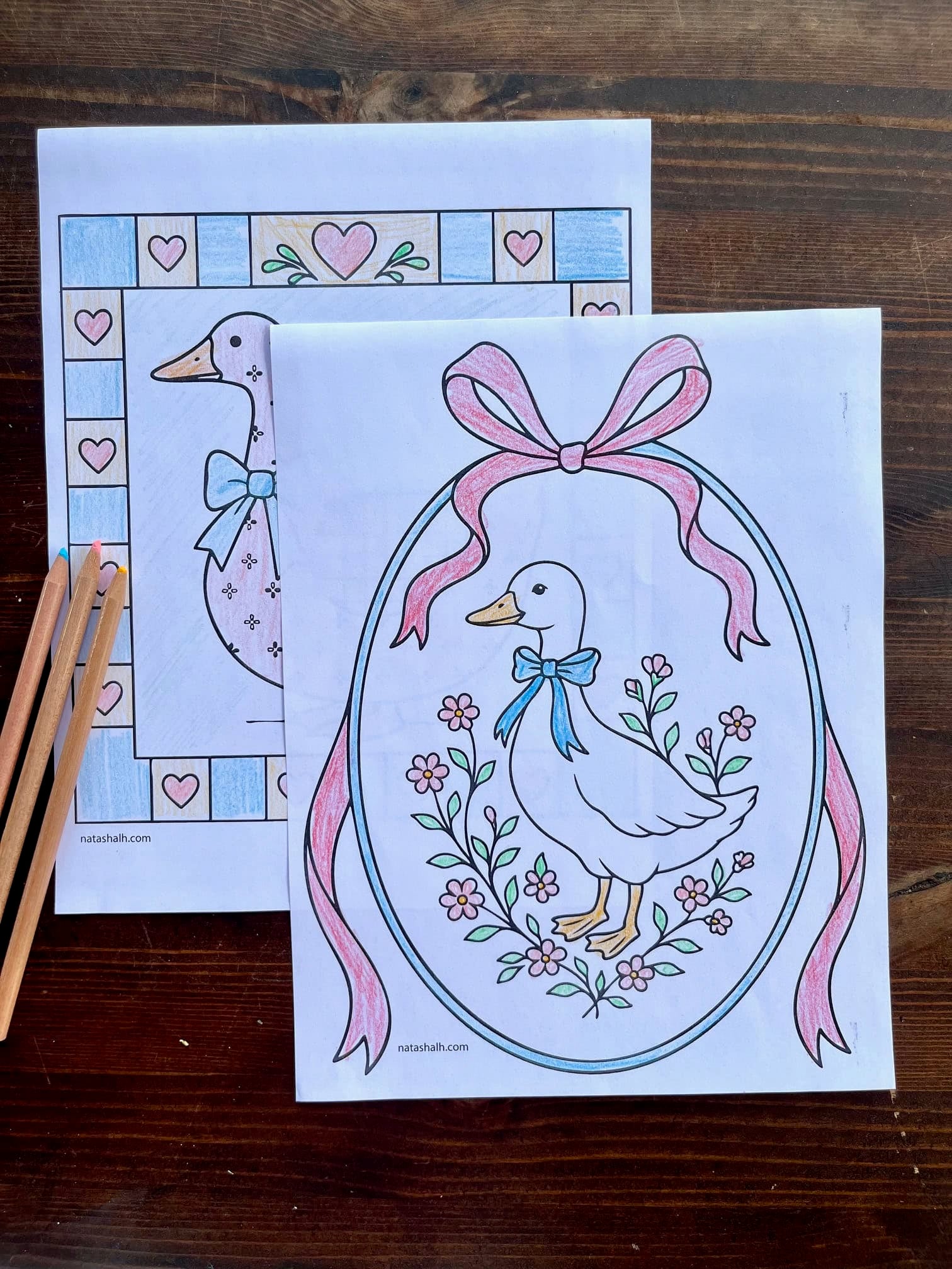 two colored vintage goose coloring pages with coloring pencils