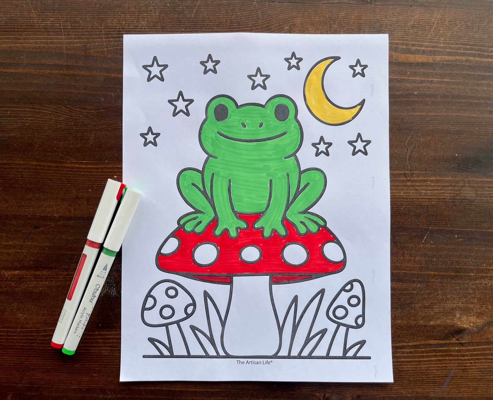 a top down photo of a frog and mushroom coloring page colored with markers