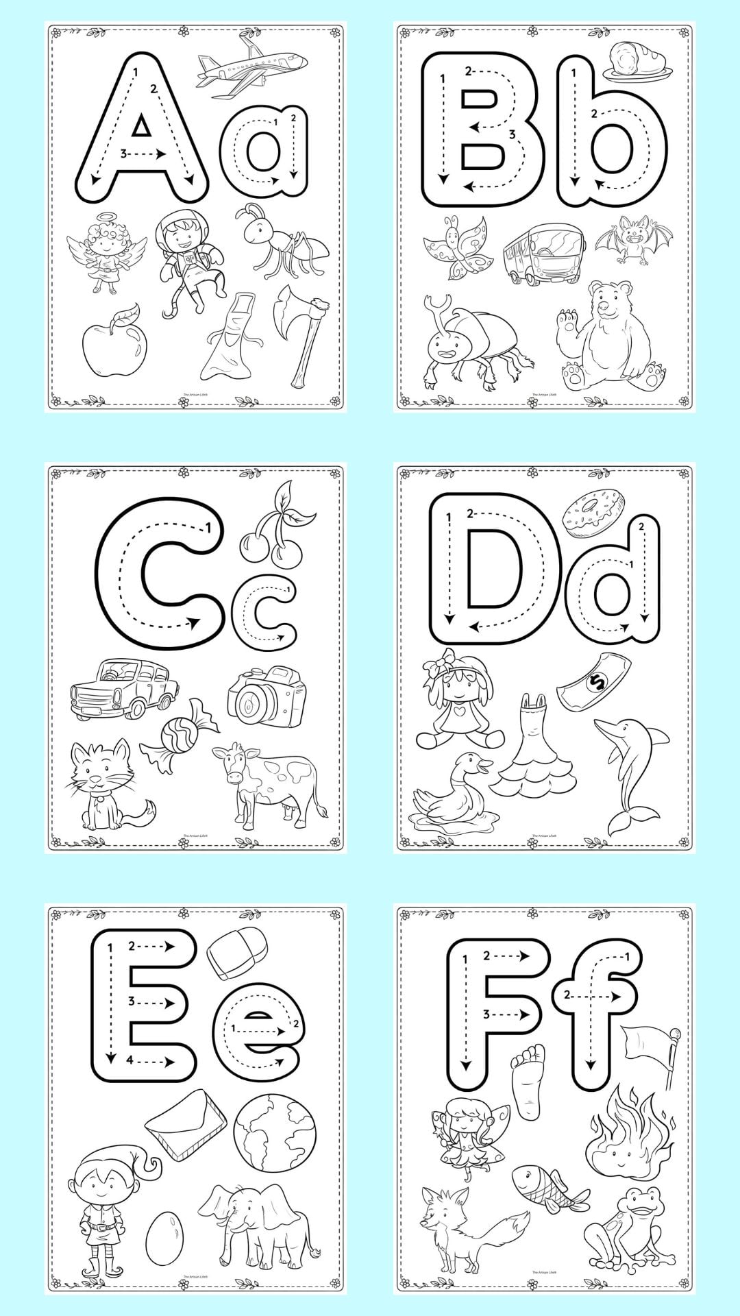 alphabet coloring pages with correct letter formation graphics and images to color. Letters shown are a- f