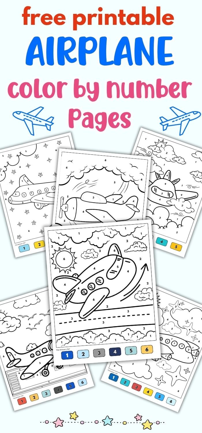 text "free printable airplane Coro by number pages" with a preview of five airplane color by number sheets