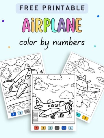 text "free printable airplane color by numbers" with a preview of three airplane color by number sheets