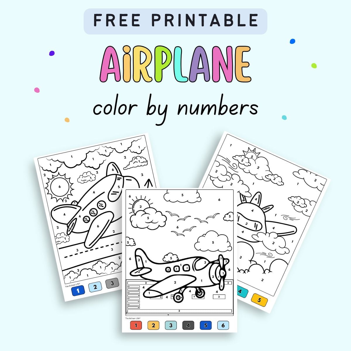 text "free printable airplane color by numbers" with a preview of three airplane color by number sheets