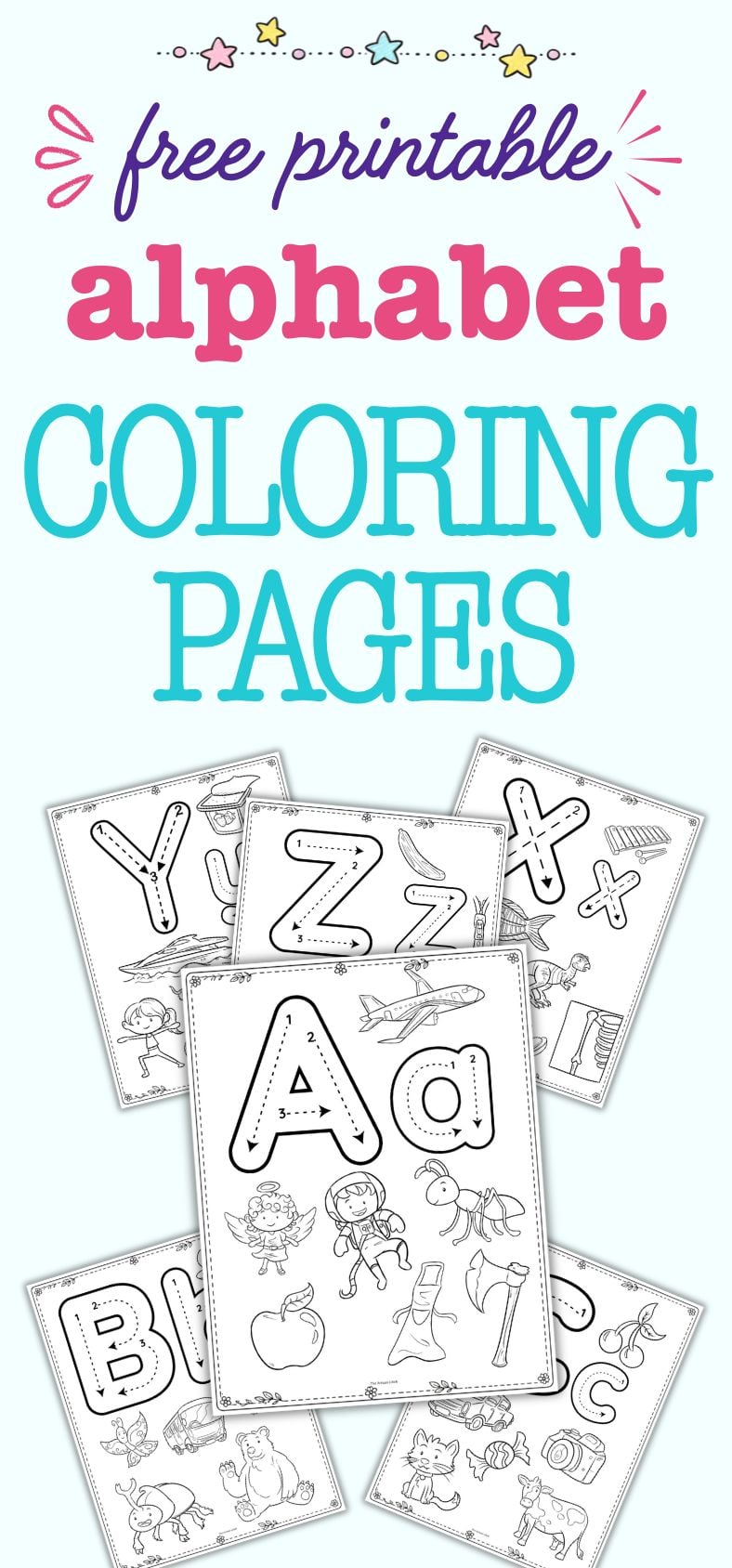 text "free printable alphabet coloring pages" with a preview of six alphabet coloring sheets