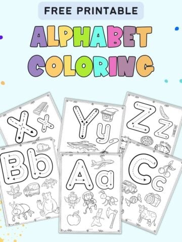 text "free printable alphabet coloring" with six alphabet coloring pages with letter formation graphics and beginning letter sound images
