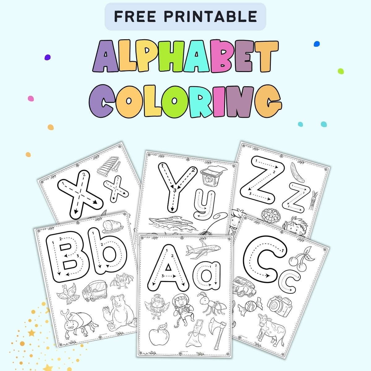 text "free printable alphabet coloring" with six alphabet coloring pages with letter formation graphics and beginning letter sound images