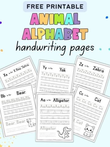 Text "free printable animal alphabet handwriting pages" with a preview of six animal alphabet handwriting worksheets