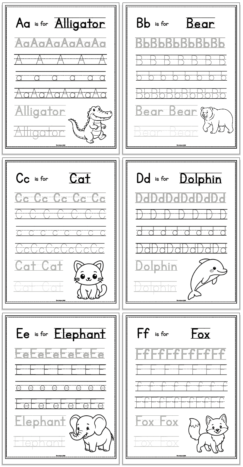alphabet alphabet handwriting pages with uppercase and lowercase letters as well as animal names to trace. Letters include a - f