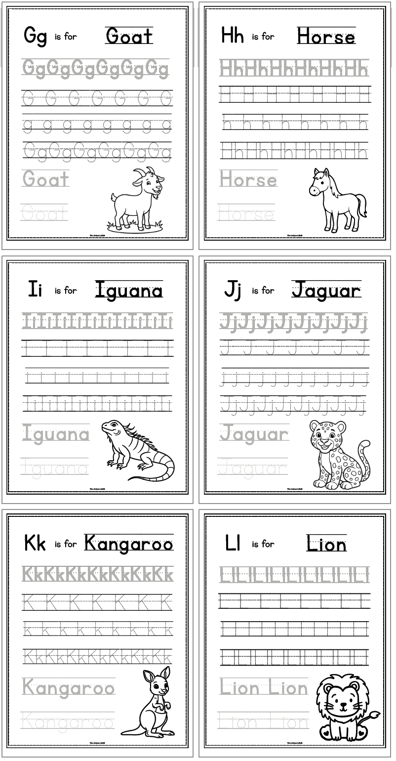 alphabet alphabet handwriting pages with uppercase and lowercase letters as well as animal names to trace. Letters include g-l