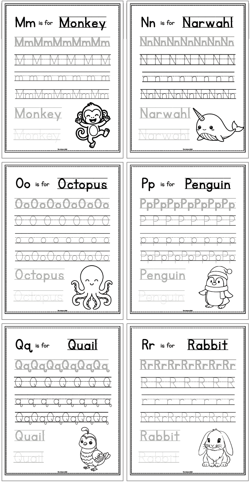alphabet alphabet handwriting pages with uppercase and lowercase letters as well as animal names to trace. Letters include m - r