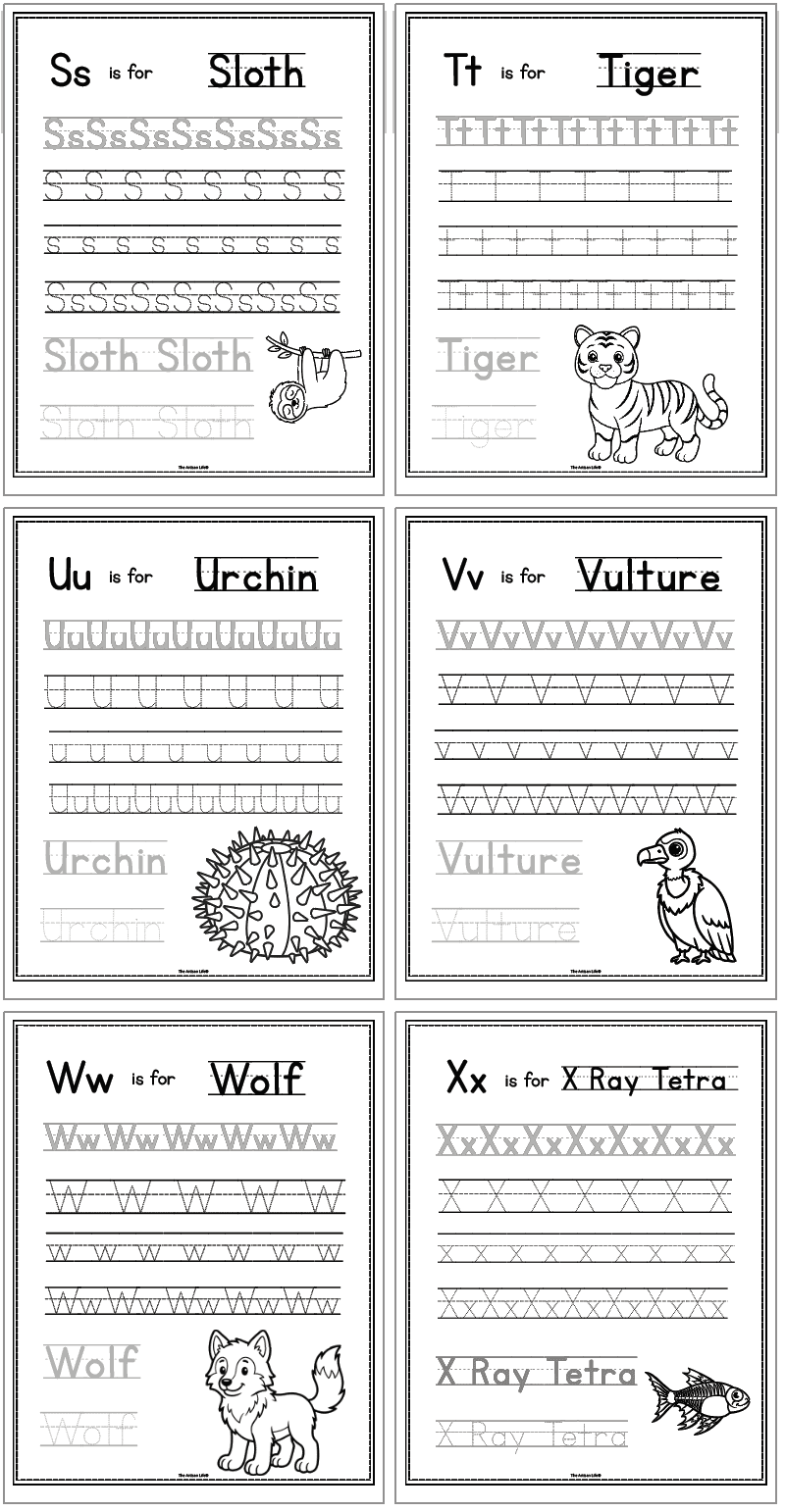 alphabet alphabet handwriting pages with uppercase and lowercase letters as well as animal names to trace. Letters include s - x