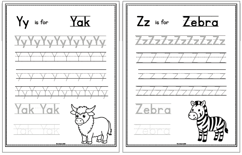 alphabet alphabet handwriting pages with uppercase and lowercase letters as well as animal names to trace. Letters include y and z