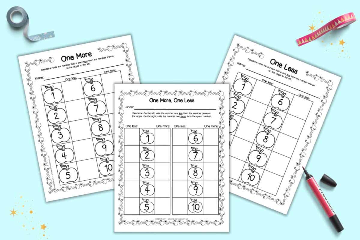 apple themed one more and one less worksheets