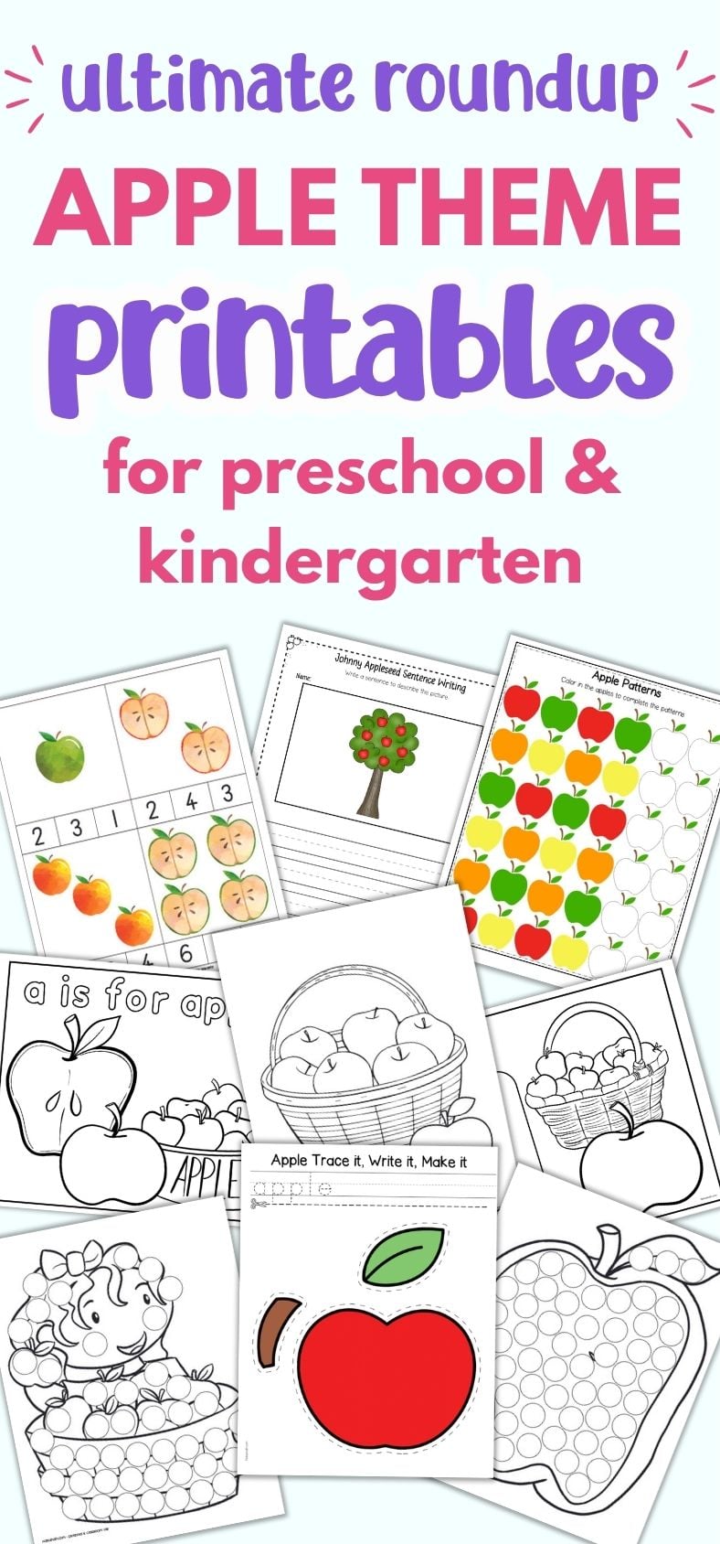 text "ultiamte roundup apple apple theme printabels for preschool and kindergarten" with a preview of nine apple themed printables including coloring pages, templates, and math worksheets