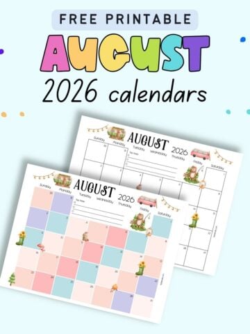 text "free printable august 20206 calendars" with printable august calendars with a camping theme