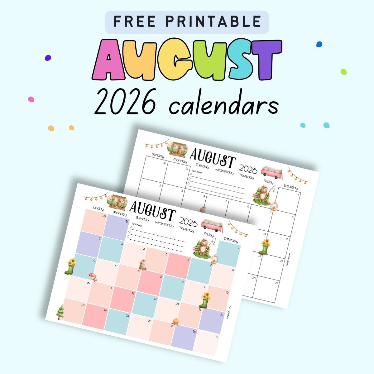 text "free printable august 20206 calendars" with printable august calendars with a camping theme