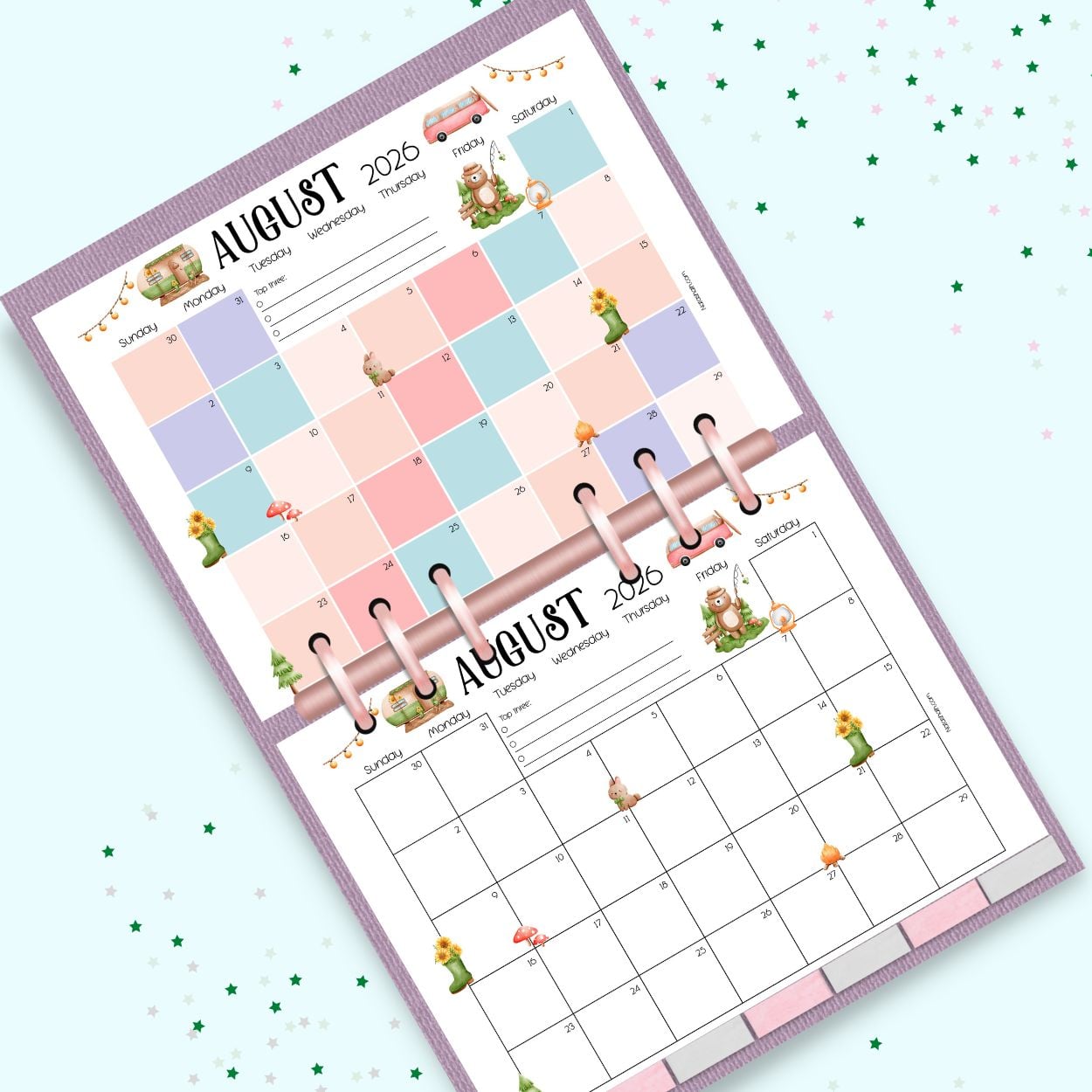 a mockup of a ring bound planner with august 2026 calendar pages