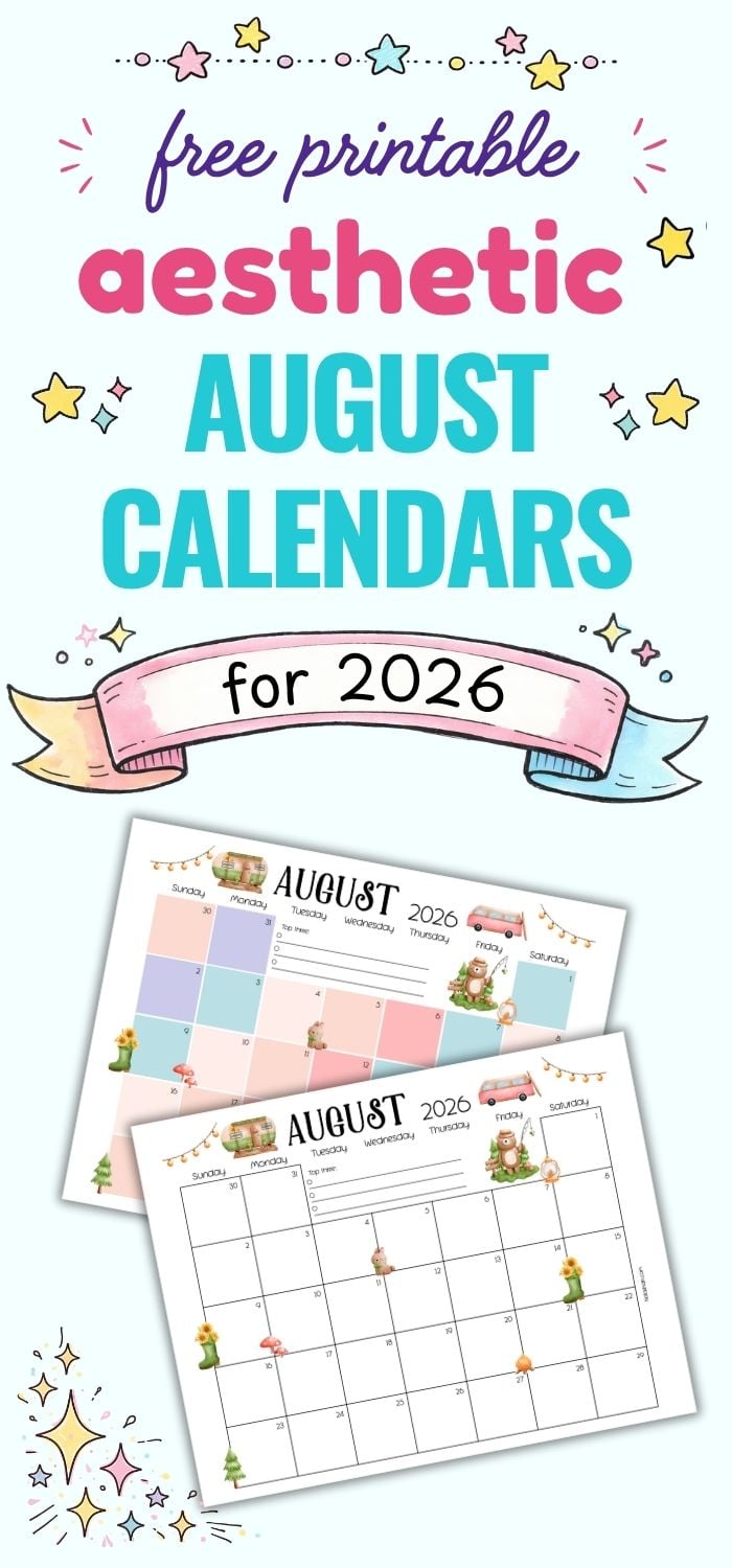 text "free printable aesthetic august calendars for 2026" with a preview of two printable calendar pages